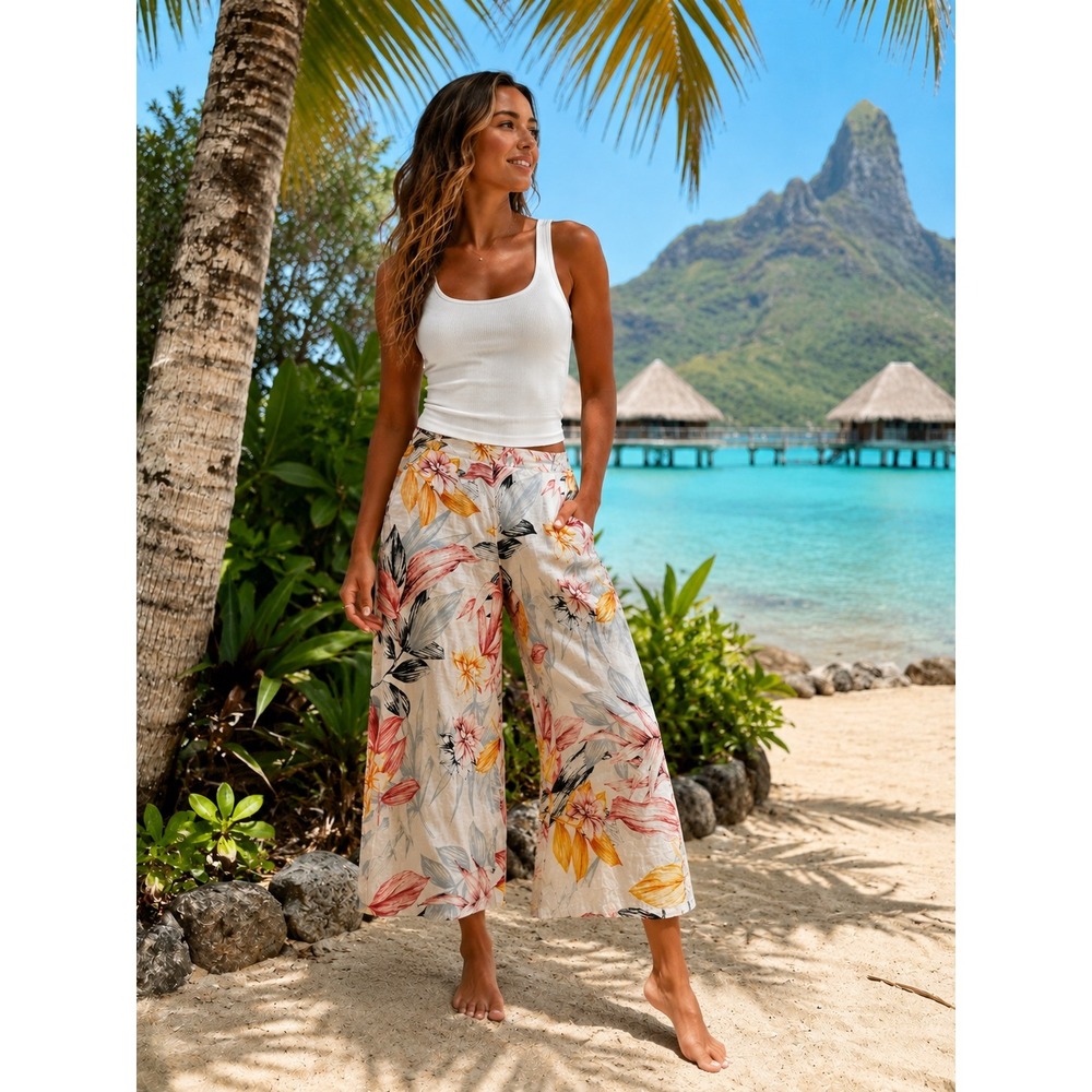 C&C California Linen Wide Leg Pants Tropical Floral Cropped Boho Womens L